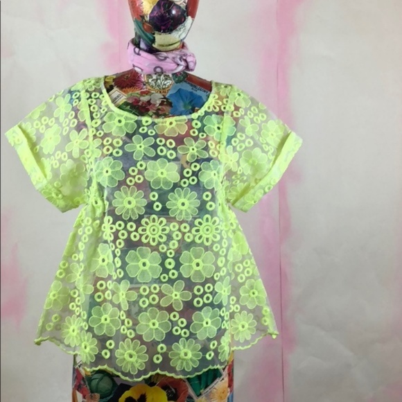 Anthro Meadow Rue Neon Embroidered Top Neon Sheer - Picture 2 of 9